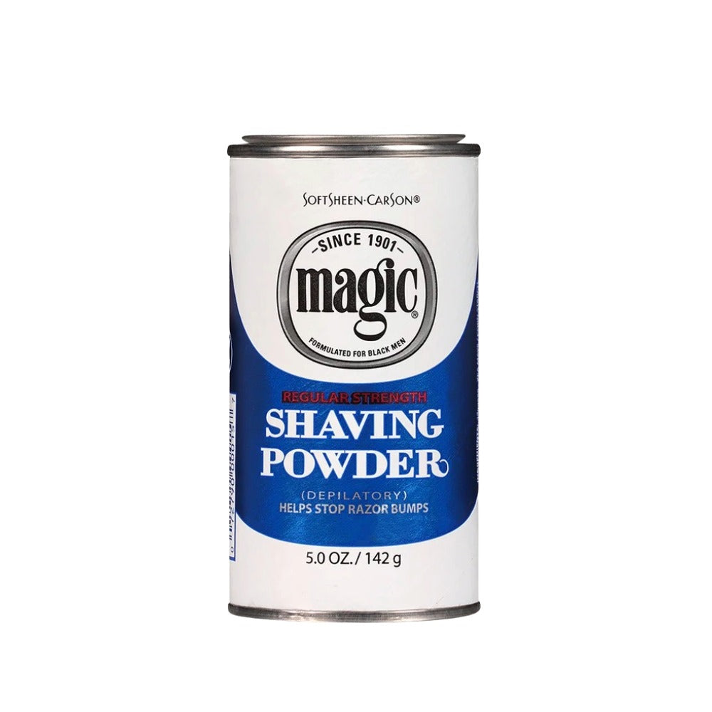 Magic 5 oz shaving powder can with blue white label shaving powder for sensitive skin to help prevent razor bumps