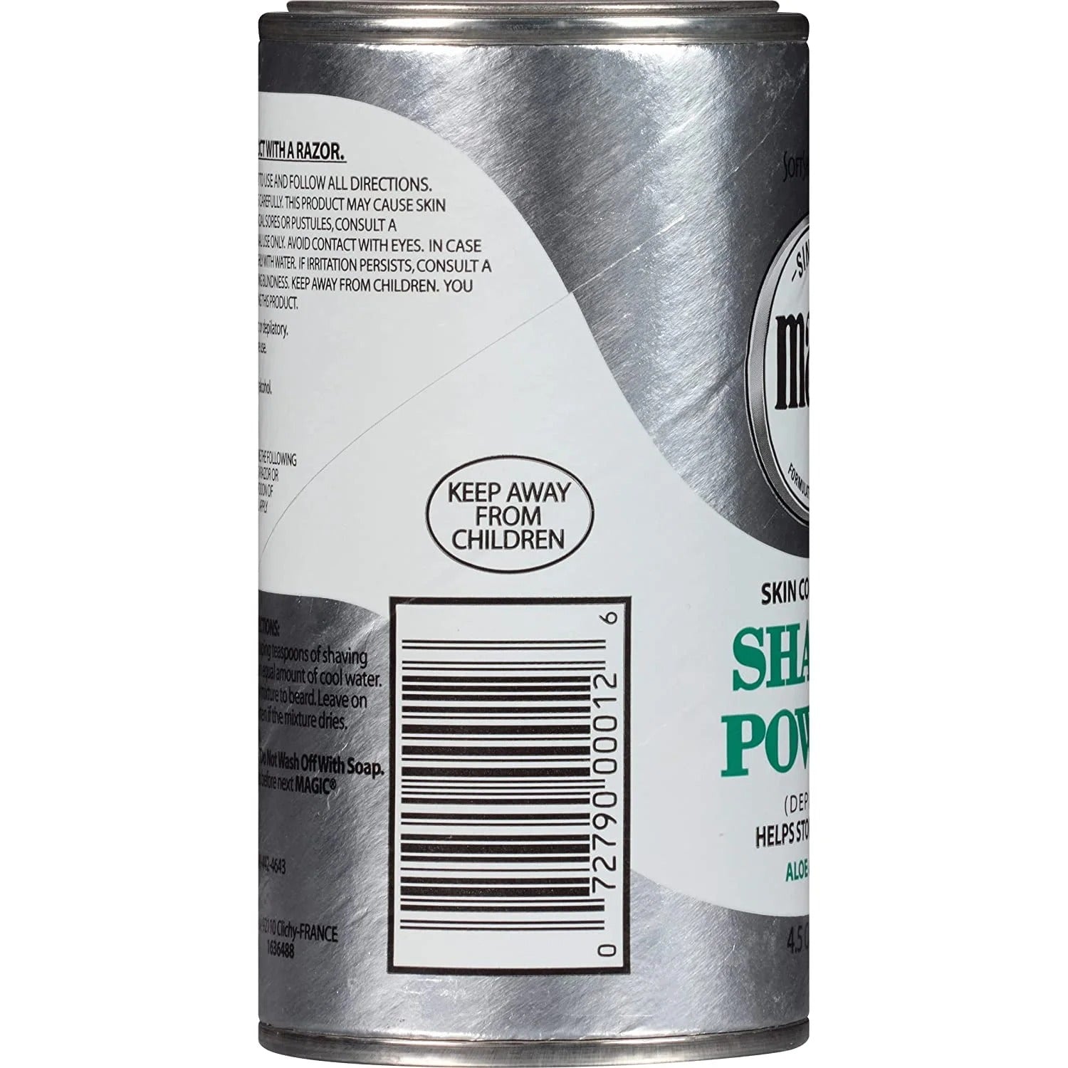 MAGIC skin conditioning shaving powder metal canister with barcode and keep away from children label
