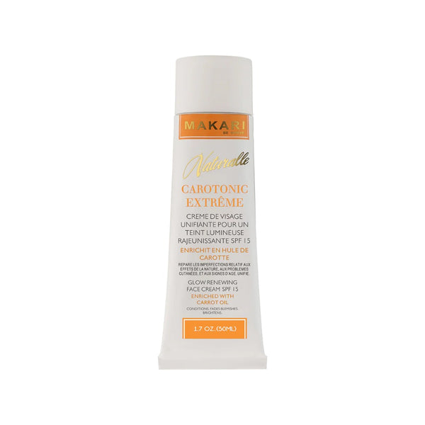 MAKARI glow renewing face cream SPF 15 Carotonic Extreme white squeeze tube with orange label