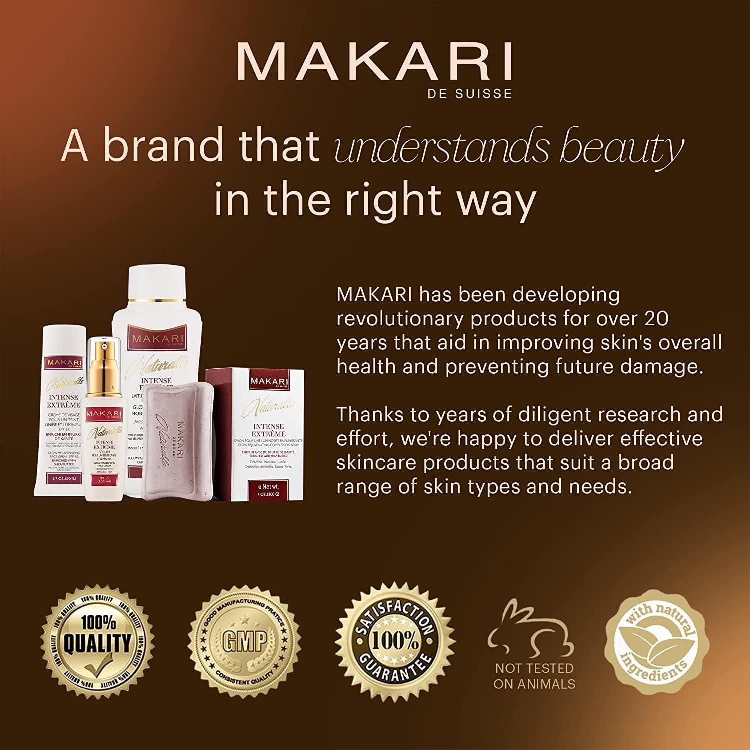 MAKARI skincare product lineup with bottles and boxes on brown background and rejuvenating face serum with SPF 15