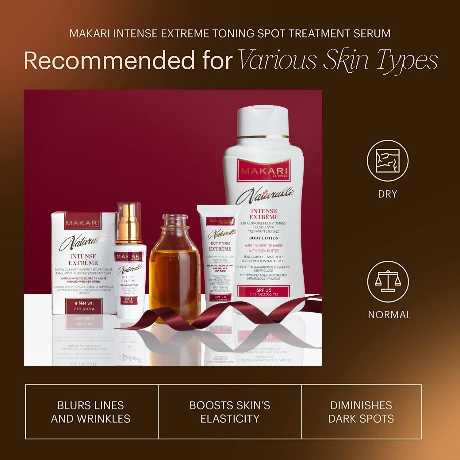 MAKARI skincare set including bottle and tube showcasing rejuvenating face serum with SPF 15 for dry and normal skin