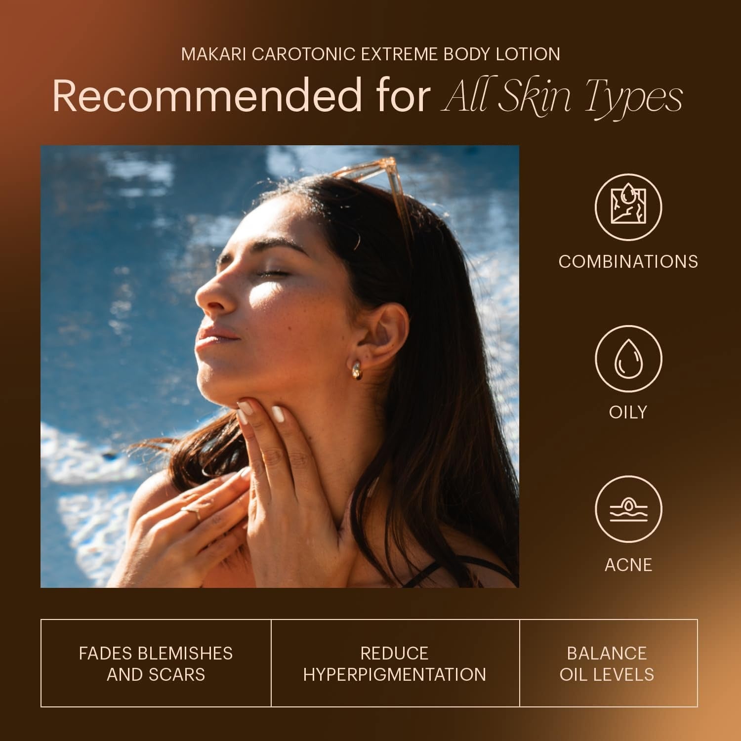 MAKARI rejuvenating face serum with SPF 15 shown on sunlit woman applying serum to neck and face by water