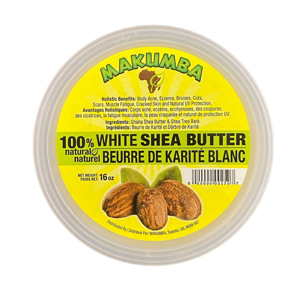 Makumba pure white shea butter in 16 oz container for natural skin care and healing benefits