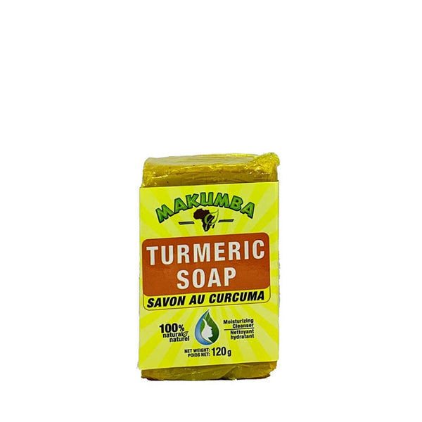 MAKUMBA turmeric soap for glowing skin in yellow packaging with moisturizing cleanser