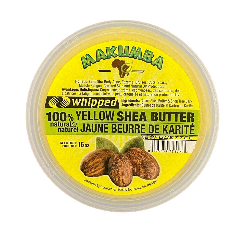 Makumba 16 oz jar of yellow whipped shea butter natural body moisturizer for dry skin
