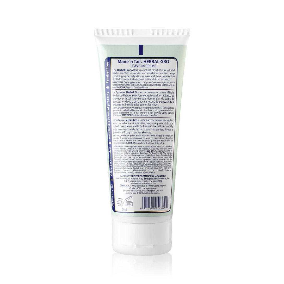 Mane N Tail tube back label showing herbal gro leave-in conditioner product info and directions for hair care