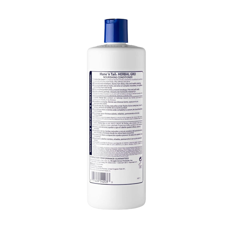 Back view of Mane n Tail white conditioner bottle with blue cap showing label for olive oil keratin conditioner