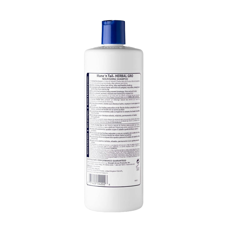Back view of Mane N Tail bottle showing label for olive oil keratin shampoo nourishing hair care formula