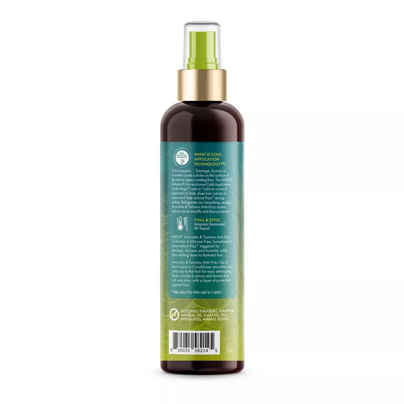 MIELLE avocado and tamanu leave-in conditioner brown spray bottle with green label gold pump and clear cap showing back label