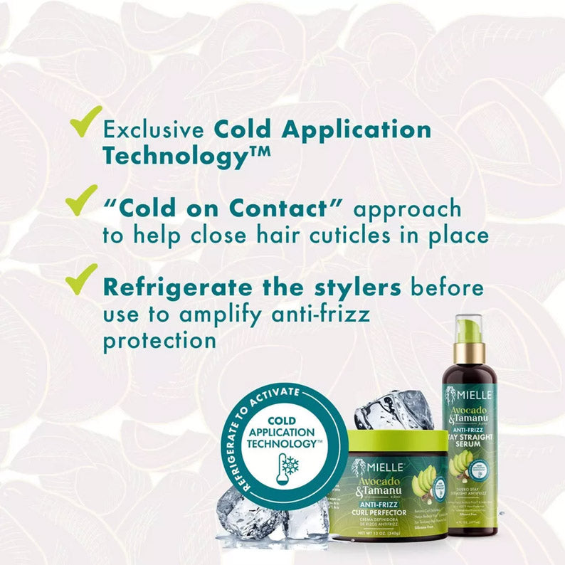 MIELLE avocado and tamanu leave-in conditioner and anti frizz serum shown with jar pump bottle and ice for cold application