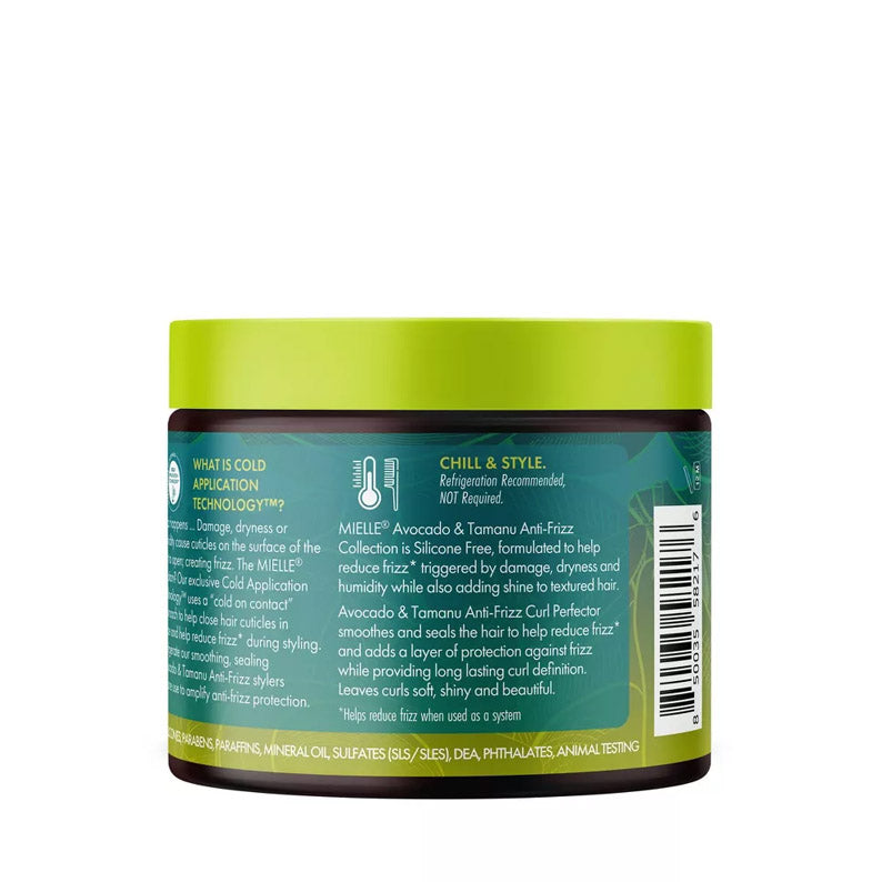 Mielle jar of avocado tamanu anti-frizz curl cream with green lid showing back label text