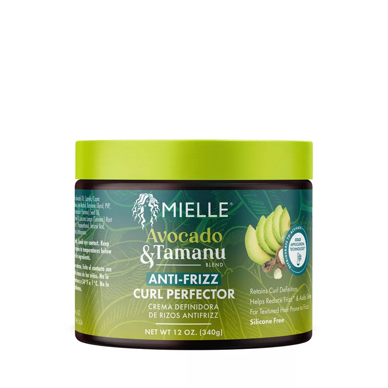 MIELLE jar of avocado tamanu anti-frizz curl cream in green packaging for defining curls 12 oz