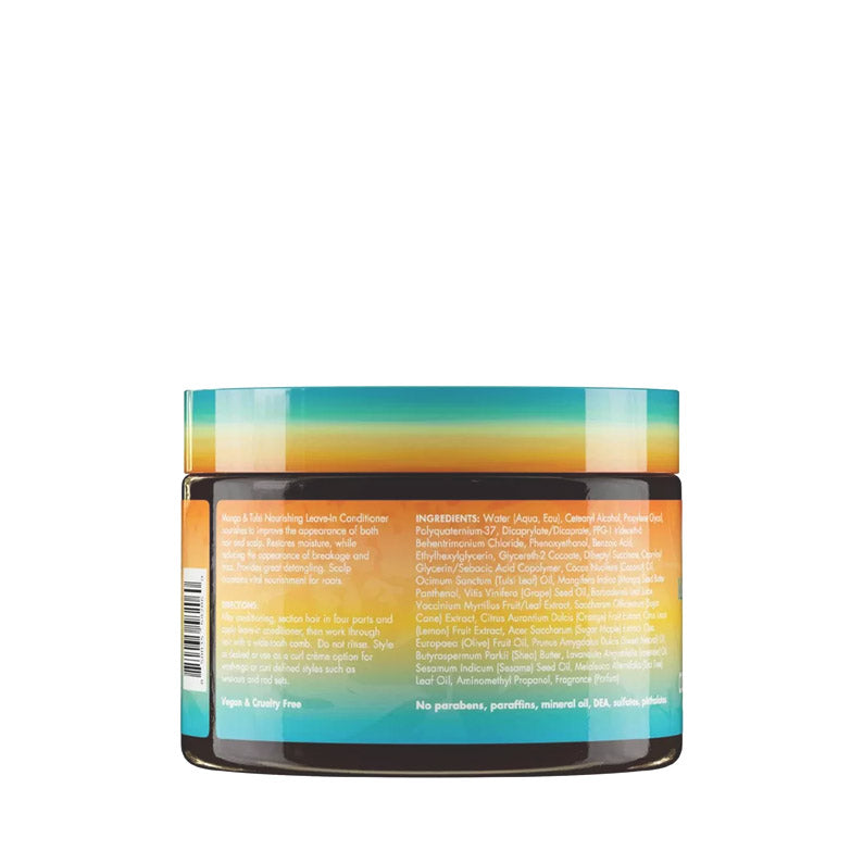 MIELLE jar showing back label of mango and tulsi leave-in conditioner in colorful gradient packaging