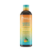 MIELLE bottle of mango and tulsi nourishing shampoo with gradient tropical label and mango graphic