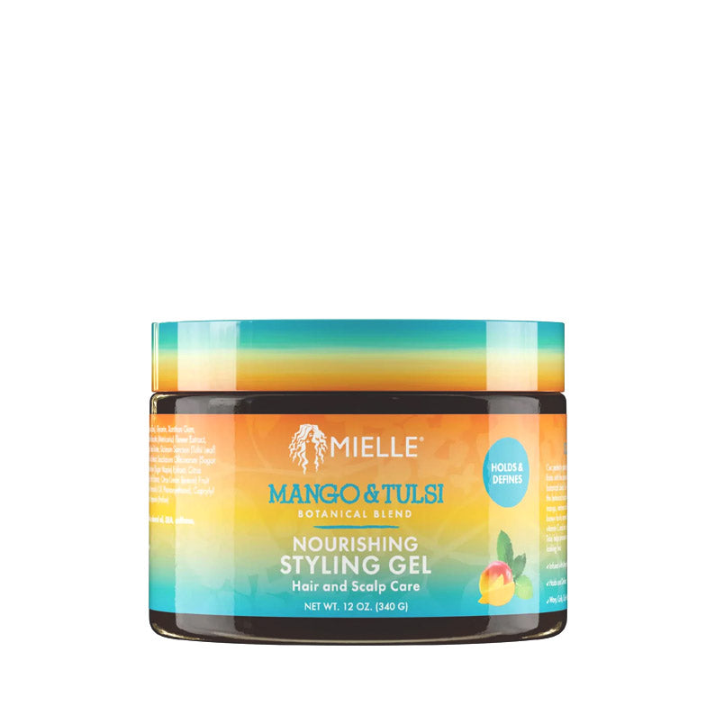 Mielle mango and tulsi styling gel jar with colorful botanical label for nourishing hold and hair and scalp care