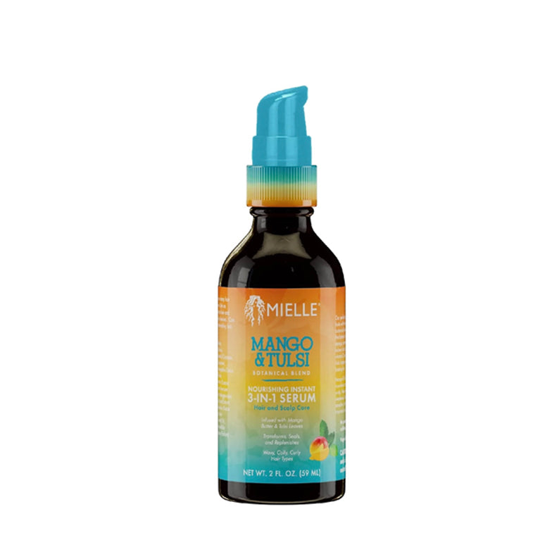 MIELLE mango tulsi hair serum 3 in 1 nourishing pump bottle with orange and teal label