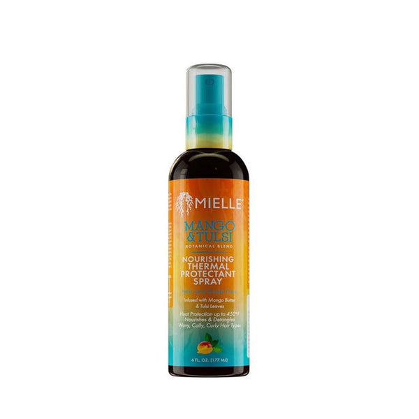 MIELLE mango tulsi thermal protectant spray bottle nourishing heat protection for wavy curly natural hair