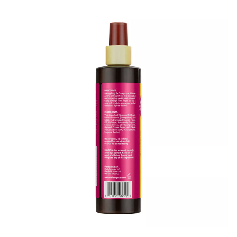 MIELLE pomegranate and honey air dry gel back of bottle with pink label ingredients list barcode and pump top