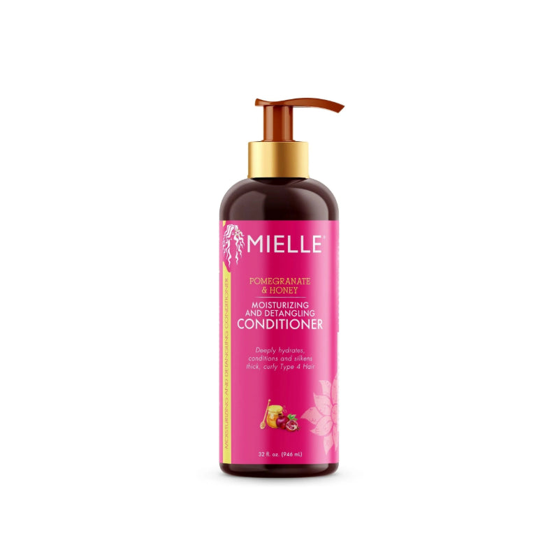 MIELLE pomegranate honey leave-in conditioner pink pump bottle moisturizing detangling formula for curly hair
