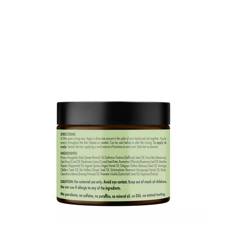 MIELLE rosemary mint hair pomade amber jar with black lid showing directions and ingredient label