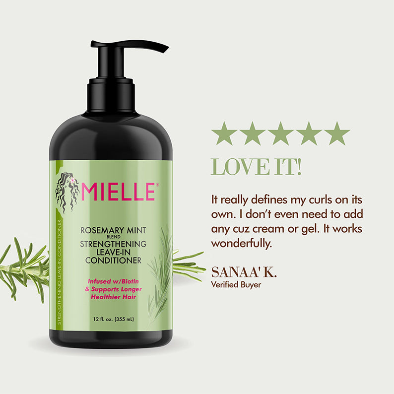 Mielle rosemary mint leave-in conditioner bottle with pump for hair strengthening and curl definition