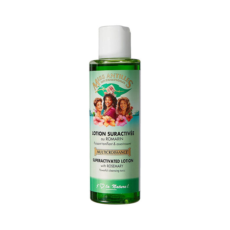 MISS ANTILLES rosemary hair growth lotion green bottle with white cap and colorful label