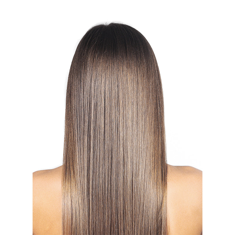 ROYAL IMEX 18 inch clip-in hair extensions with smooth straight brown hair from back view