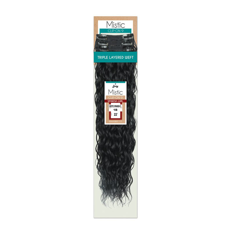 Spanish curl clip-in hair extensions long black wavy 22 inch pack on Mistic triple layered weft packaging