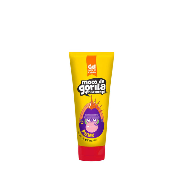 MOCO DE GORILA punk hair gel travel size yellow tube with purple punk gorilla graphic and red cap