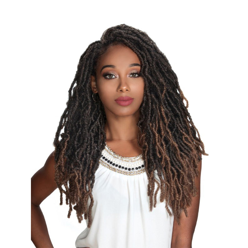 ROYAL IMEX long textured braid hairstyle with ombre brown and black color on woman wearing white top