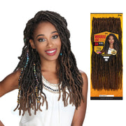 Royal Imex Wiggle Loc Braid 18 inch synthetic braids styled on woman with decorative wraps