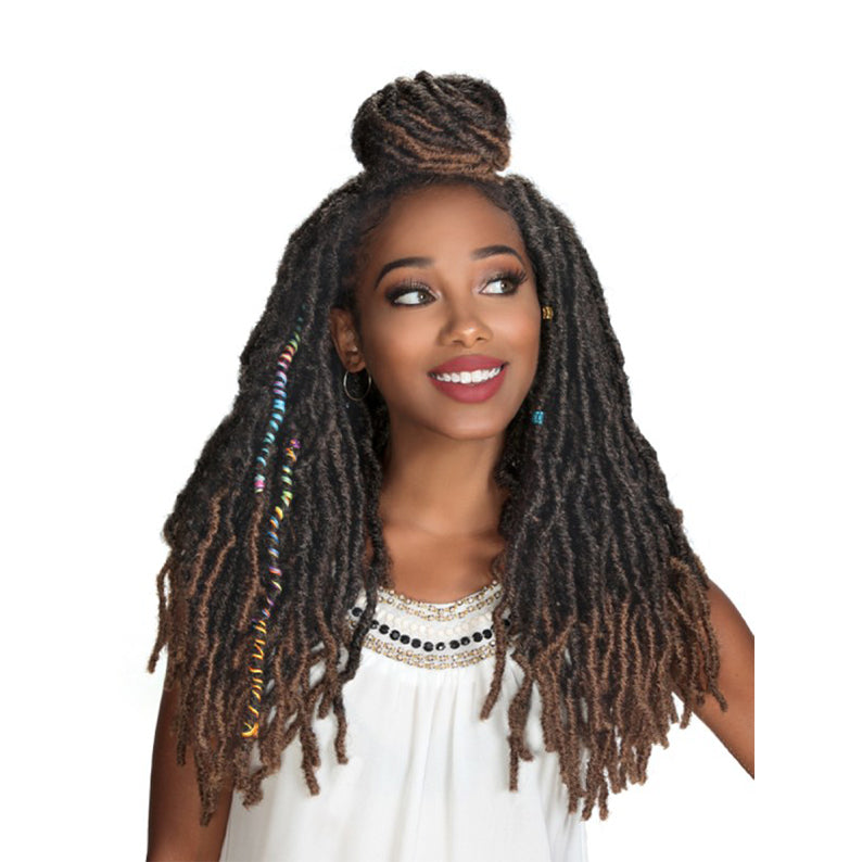 ROYAL IMEX braid hairstyle with long ombre brown curls and colorful hair accessories on woman