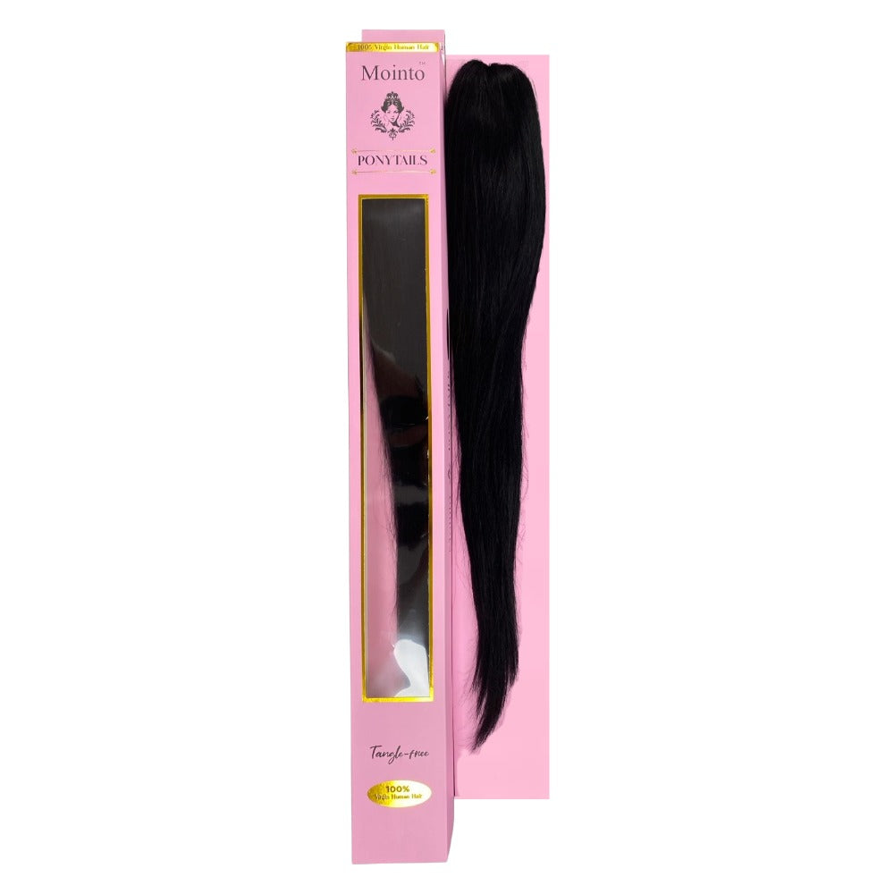 VIYA 100% virgin human hair ponytail extension long straight jet black displayed in pink box packaging
