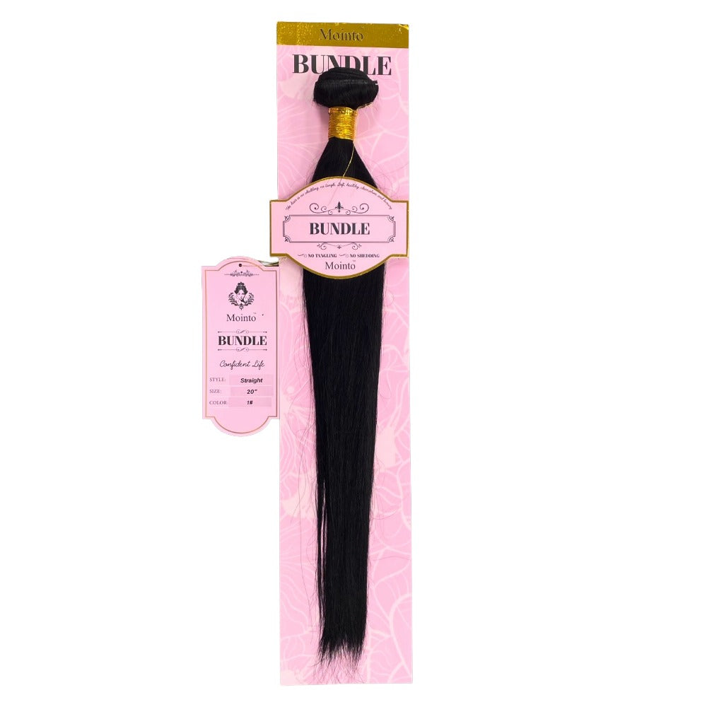 VIYA straight virgin human hair bundle in black with gold band packaging on pink card