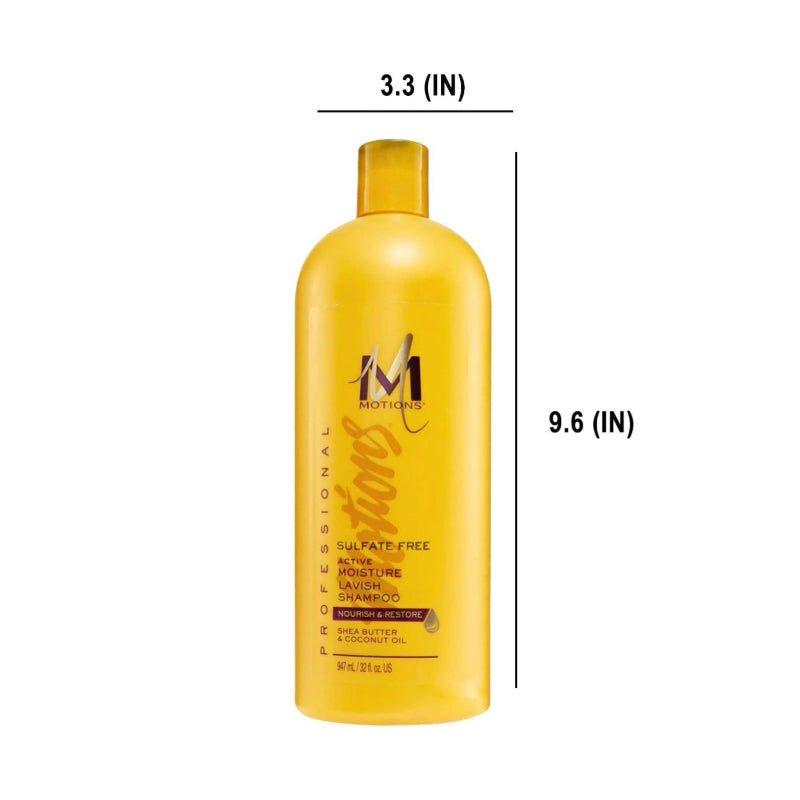 MOTIONS yellow bottle of sulfate free moisturizing shampoo with shea butter and coconut oil for dry hair