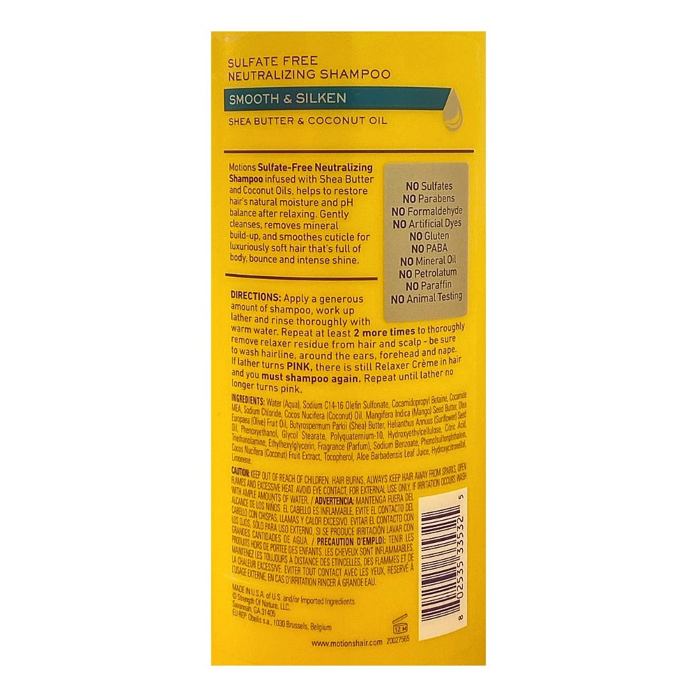 MOTIONS Smooth and Silken yellow bottle back label for sulfate free neutralizing shampoo with shea butter and coconut oil