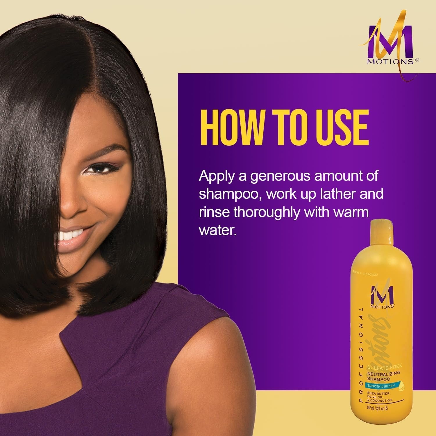 MOTIONS sulfate free neutralizing shampoo bottle with model showing sleek straight hair and usage instructions