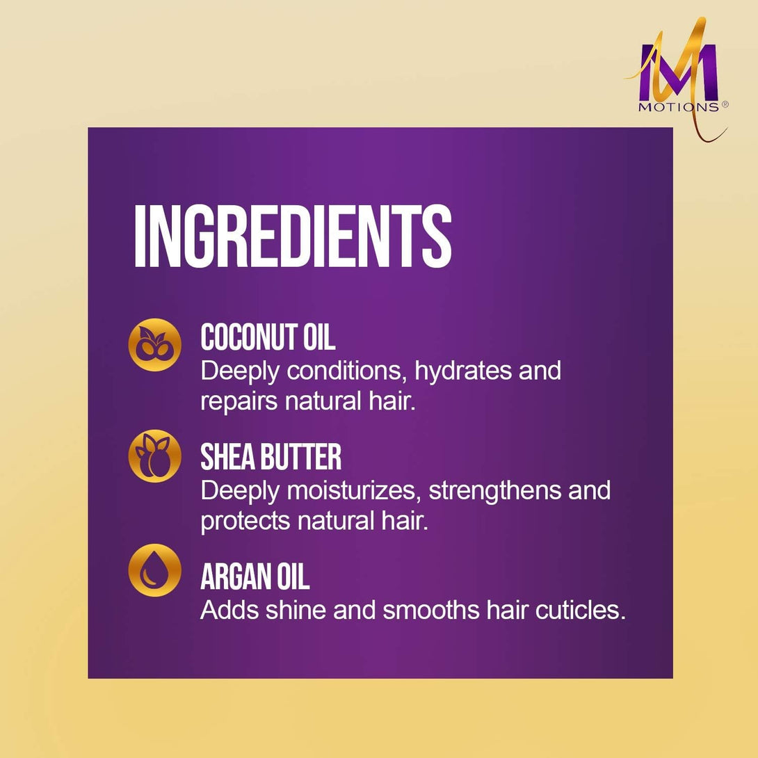 MOTIONS ingredients panel listing coconut oil shea butter and argan oil on purple card for sulfate free neutralizing shampoo