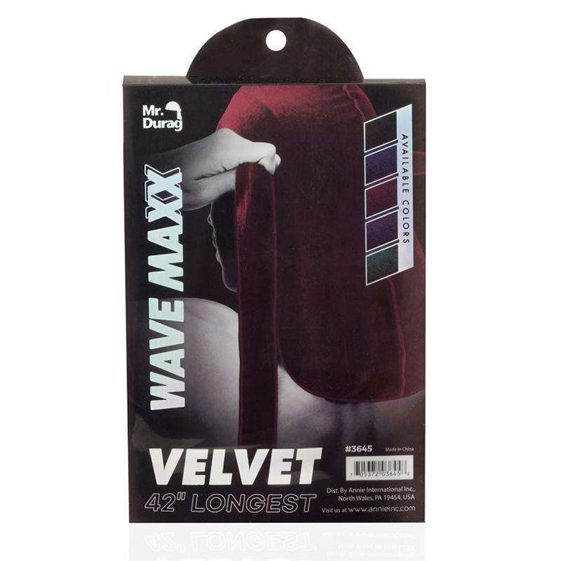 ANNIE packaging for velvet durag for waves in deep burgundy showing 42 inch long Wave Maxx product
