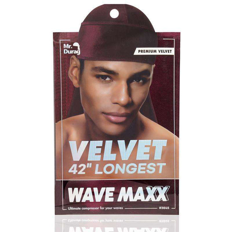 ANNIE velvet durag for waves burgundy premium velvet 42 inch packaging with male model wearing durag