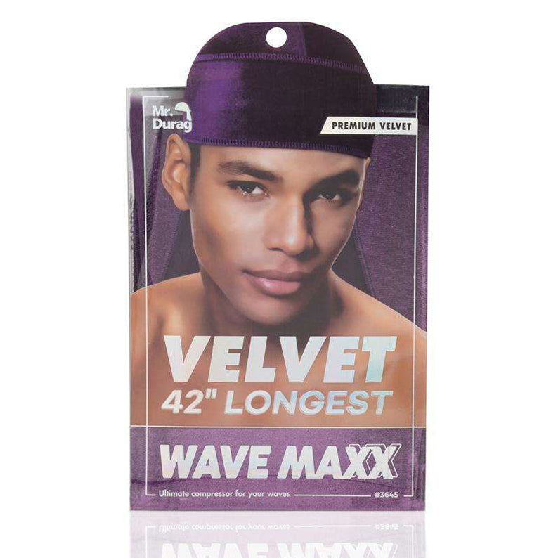 ANNIE purple velvet durag for waves 42 inch longest Wave Maxx packaging with male model