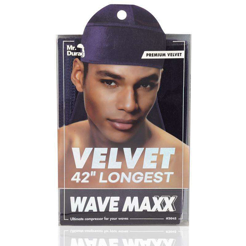ANNIE velvet durag for waves 42 inch packaging with male model wearing purple premium velvet durag