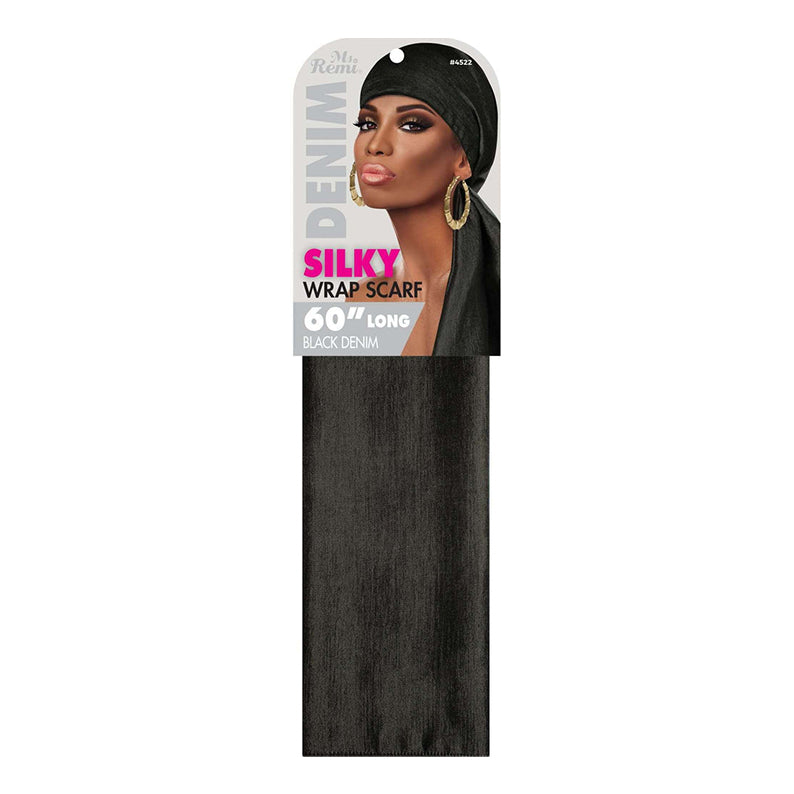 Ms Remi denim silky wrap scarf black 60 inch long headwrap packaging showing model with gold hoops
