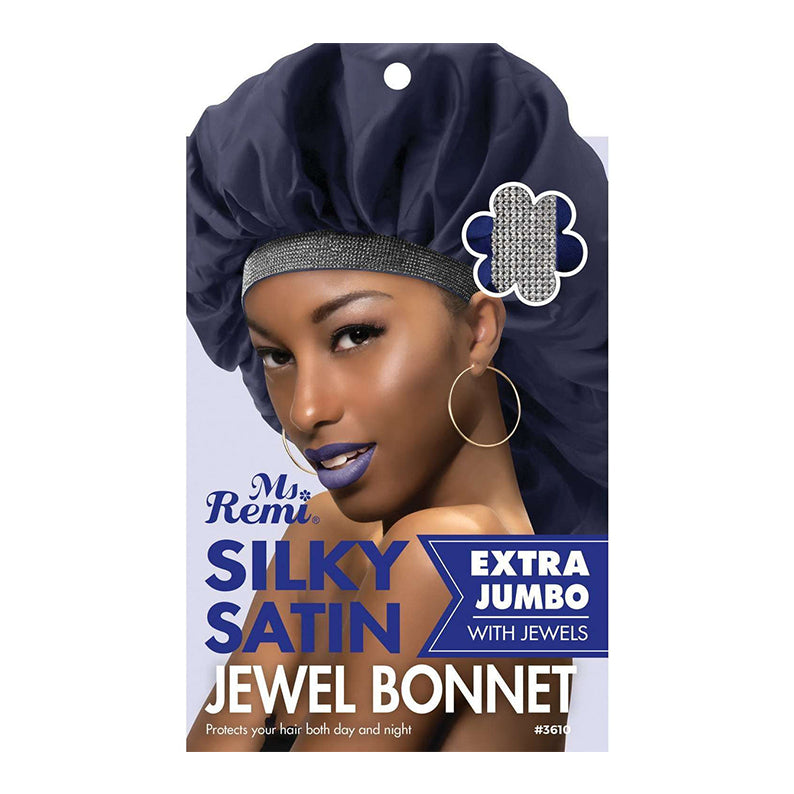 Ms Remi extra jumbo satin bonnet navy silky jewel band protective hair night cap on model