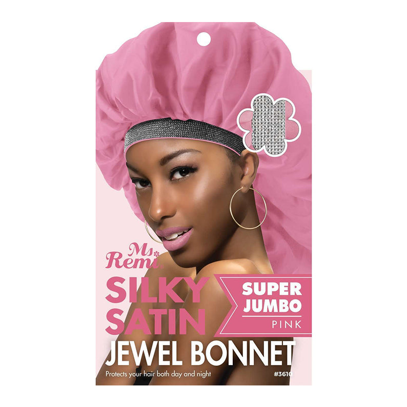 Ms Remi pink silky satin jewel bonnet packaging showing model wearing extra jumbo satin bonnet