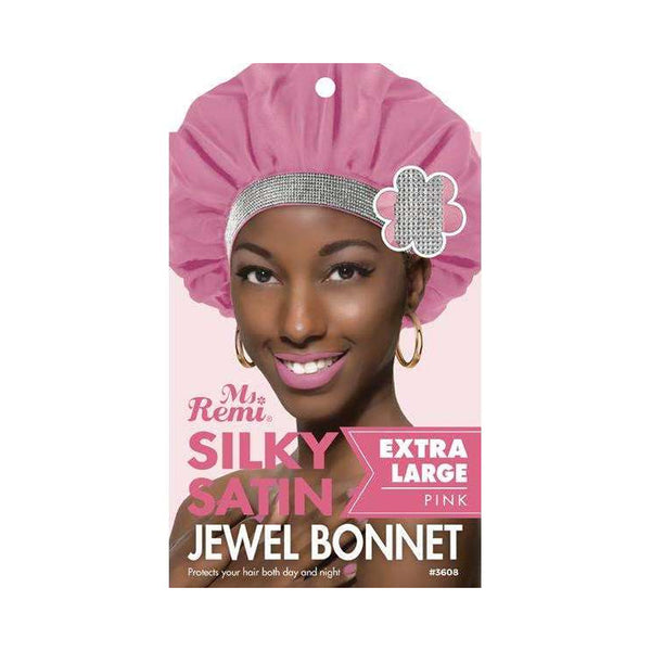 ANNIE extra large satin hair bonnet in pink with jeweled band for hair protection
