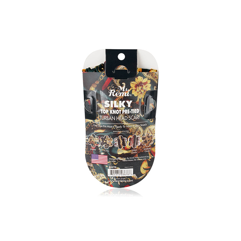 ANNIE silky top knot turban pre-tied head scarf in floral pattern packaging for hair accessories