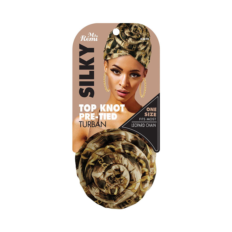 ANNIE silky top knot turban in leopard chain print pre-tied one size fits most
