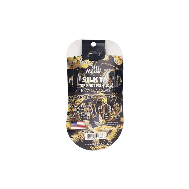 ANNIE silky top knot turban pre-tied floral patterned head scarf in packaging