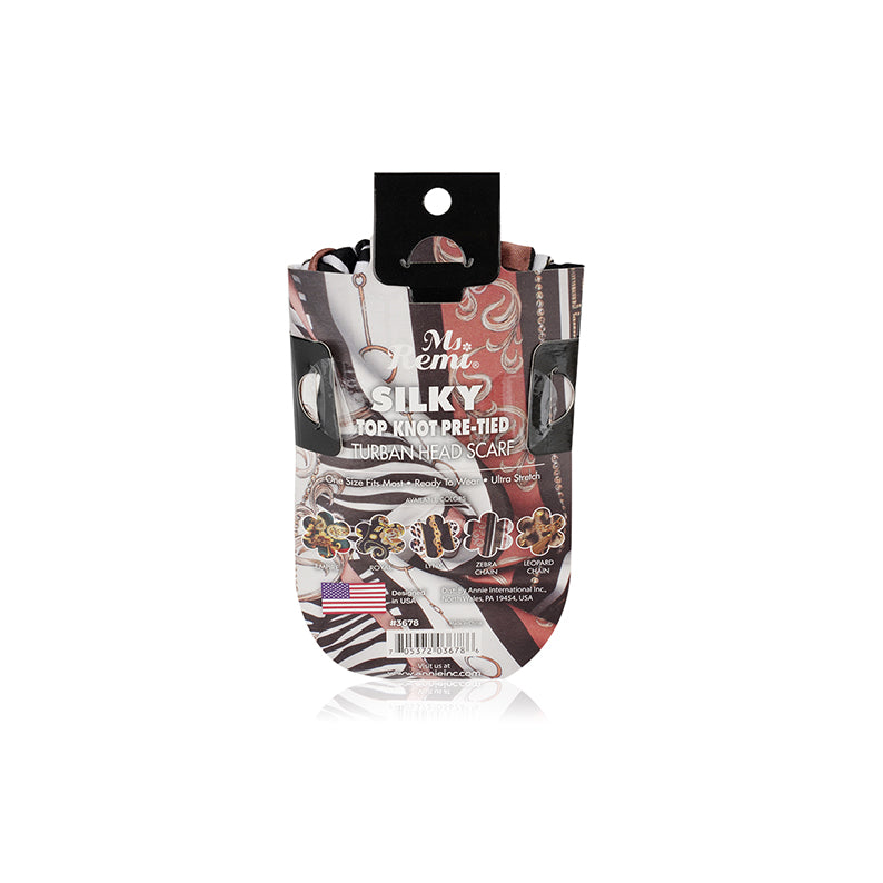 ANNIE silky top knot turban pre-tied head scarf in a mixed pattern packaging for hair accessories